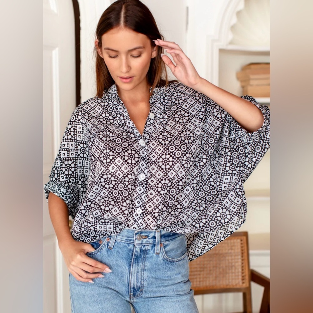 Emerson Fry Mandarin Collar Top, Daisy Check, Black/White, Button Down Front, OS